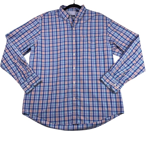 IZOD Plaid Button Down‎ Long Sleeve Dress Shirt Mens Size M Blue Peach Classic - Picture 2 of 8